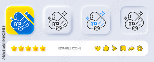 Vitamin B12 line icon. Neumorphic, Flat shadow, 3d buttons. Cobalamin food nutrient sign. Capsule or pill supplement symbol. Line cobalamin vitamin icon. Social media icons. Vector