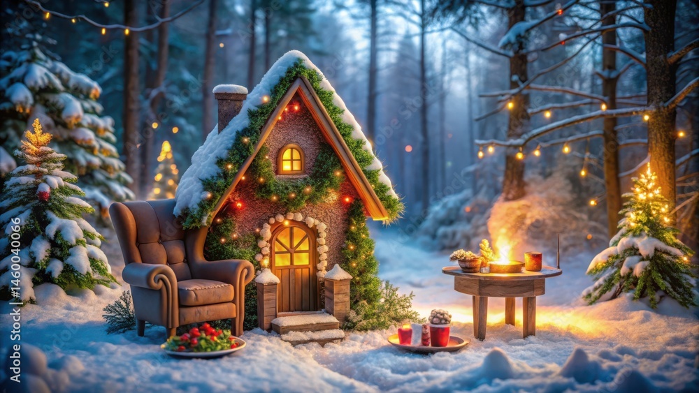 Fototapeta premium A cozy cottage nestled amidst snow-covered trees, illuminated by twinkling lights, inviting you to relax in a warm armchair by the fire.