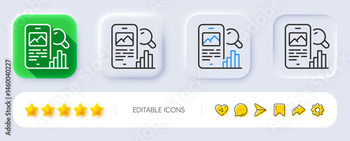 Phone search line icon. Neumorphic, Flat shadow, 3d buttons. Smartphone app sign. Cellphone mobile device symbol. Line phone search icon. Social media icons. Vector