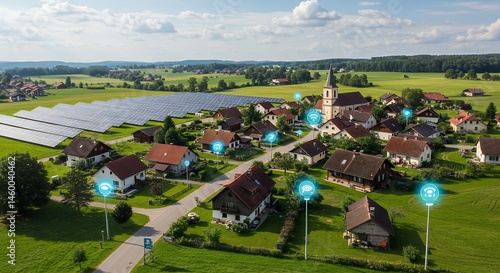 Rural village with solar panels and smart infrastructure