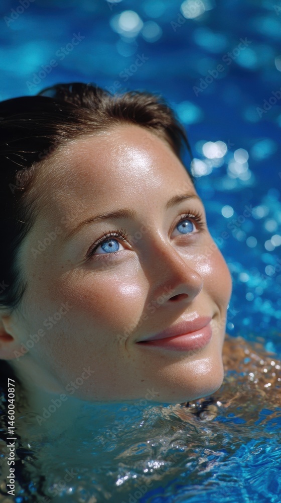 Woman Relaxing in Swimming Pool, Bright Blue Eyes and Water Reflection Woman Relaxing in Swimming Pool, Bright Blue Eyes and Water Reflection