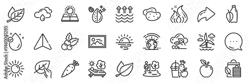 Sunrise, Mint leaves and Apple line icons pack. Share, Message, Paper plane icons. Sun, Vitamin e, Sun energy web icon. Lounger, Water bottle, Christmas holly pictogram. Vector