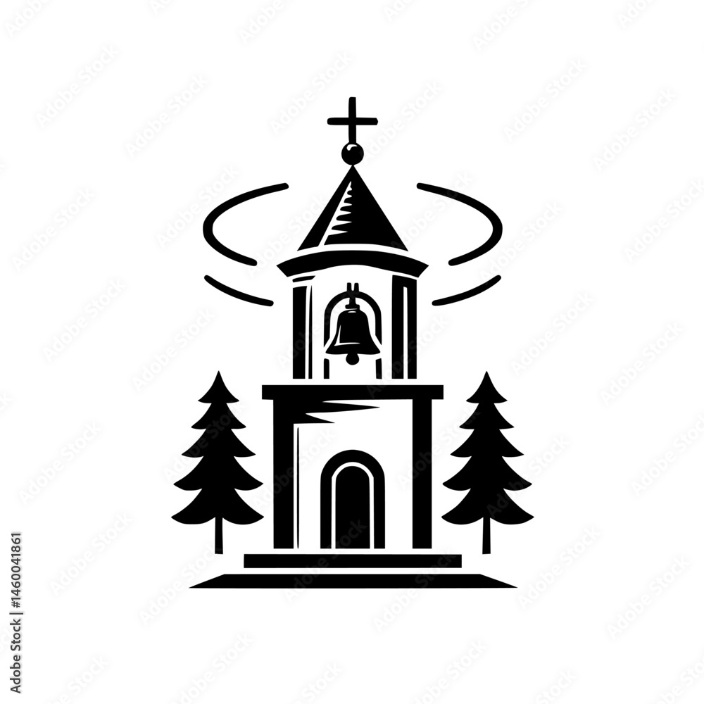 Fototapeta premium Minimalist Church Bell Tower Illustration: Religious, Forest, and Modern Design