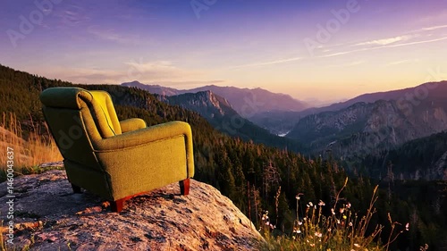 Scenic chair on mountaintop at sunset