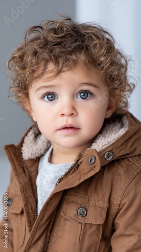 Portrait of Adorable Baby with Curly Hair Wearing a Winter Coat