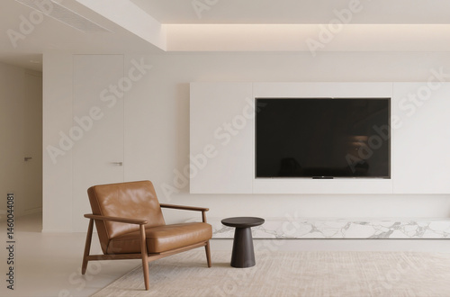 A modern living room interior with white tv built-in cabinet.