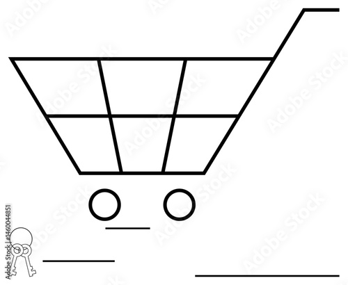 Geometric shopping cart with two circular wheels and abstract key figure. Ideal for retail, ecommerce, security, innovation, simplicity, market, consumer themes. Flat simple metaphor