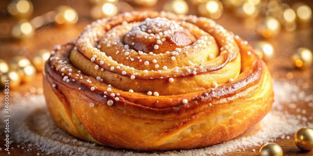 Golden-brown pastry with a delicate dusting of powdered sugar, glistening with small white pearl sprinkles, a sweet treat against a backdrop of warm, blurred golden orbs. Golden-brown pastry with a delicate dusting of powdered sugar, glistening with small white pearl sprinkles, a sweet treat against a backdrop of warm, blurred golden orbs.