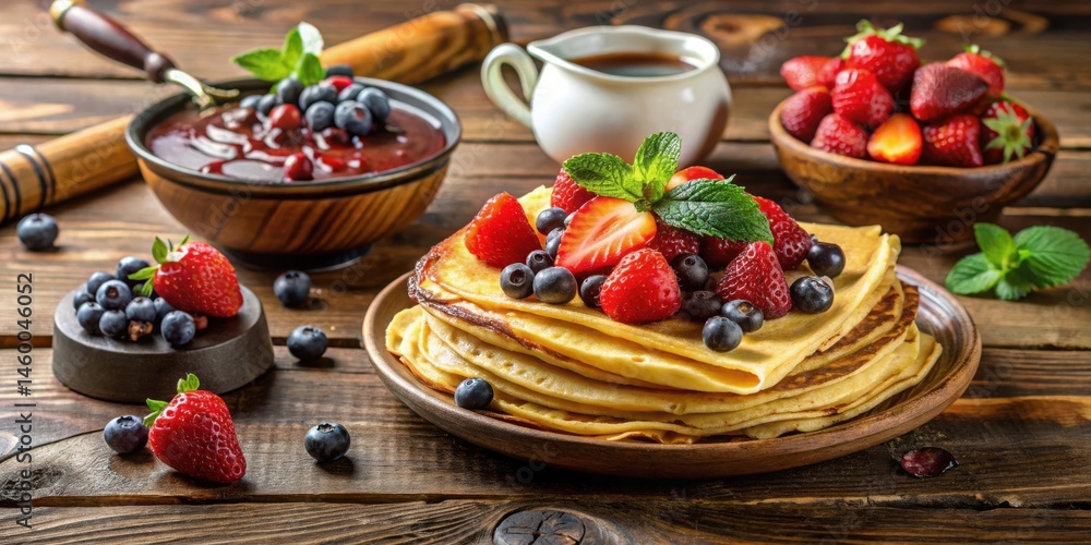 A Stack of Golden Pancakes Topped with Fresh Strawberries, Blueberries, and Mint Leaves on a Rustic Wooden Table A Stack of Golden Pancakes Topped with Fresh Strawberries, Blueberries, and Mint Leaves on a Rustic Wooden Table