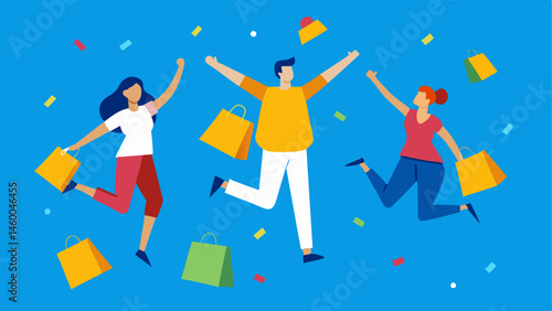 Shopping Frenzy Shoppers with colorful shopping bags jumping up with joy as large yellow discount signs tumble like confetti from a bright blue sky.
