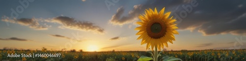 Lone defiant sunflower, head held high amidst bowed brethren , contrast, isolated, stem