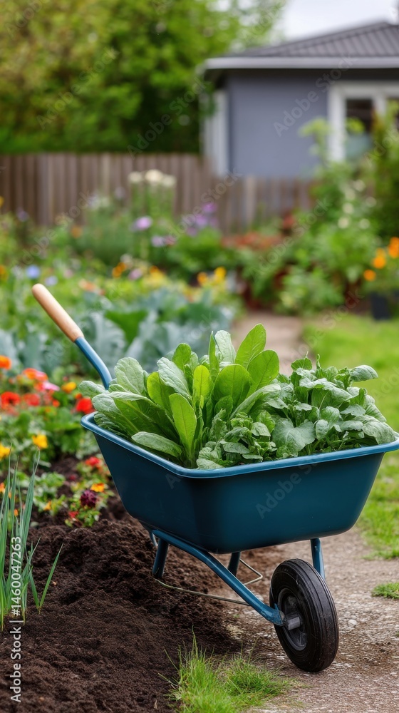 Wheelbarrow Filled with Fresh Greens in Garden with Blooming Flowers Wheelbarrow Filled with Fresh Greens in Garden with Blooming Flowers