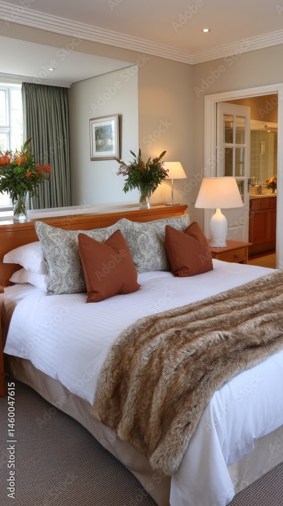 Fototapeta premium Luxury bedroom interior with bed, pillows, throw blanket, floral arrangements, and bathroom view