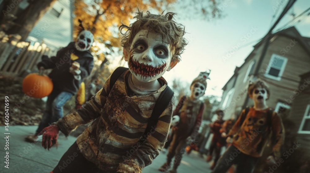 Fototapeta premium Spooky children in Halloween costumes playing outdoors.
