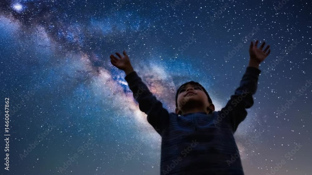 Child gazing at starry night sky Child gazing at starry night sky
