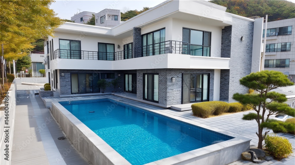 Fototapeta premium Luxury Modern Home with Pool - Stunning modern house with a private swimming pool, set against a backdrop of lush greenery. Ideal for luxury real estate listings