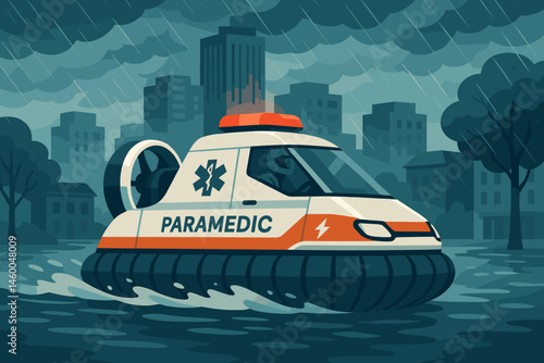Flat rescue-tech scene with hover fans, medical crate, and submerged cars