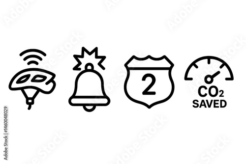 Bike-safety icons merging beam, bell, shield, gauge