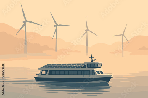 Flat clean-mobility scene with PV cabin, turbines, and misty water