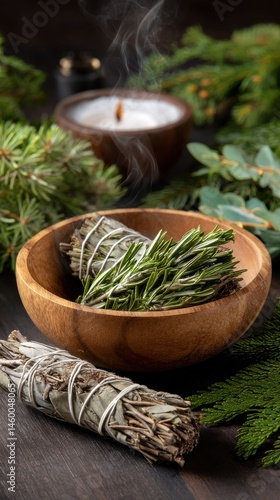Aromatic Herb Bundles with Burning Candle and Evergreen Branches on Dark Wood Background