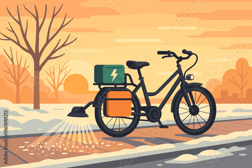 Flat e-mobility scene with brine jets, bike plow, and orange sky