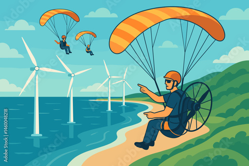 Flat sport-tech scene with e-wings, spinning turbines, and blue sea