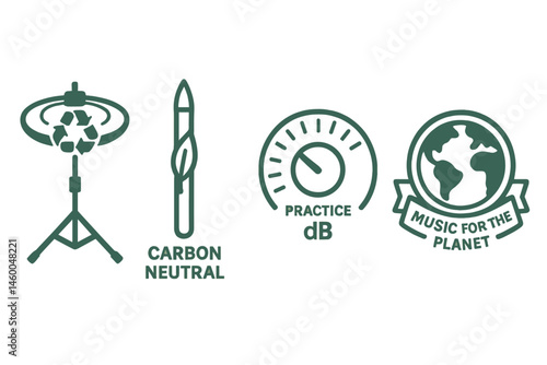 Music-eco icons merging cymbal, stick, dial, and badge