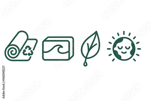 Yoga-eco icons merging mat, block, leaf, and badge