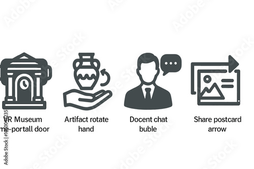 Museum-VR icons linking door, rotate, chat, and share