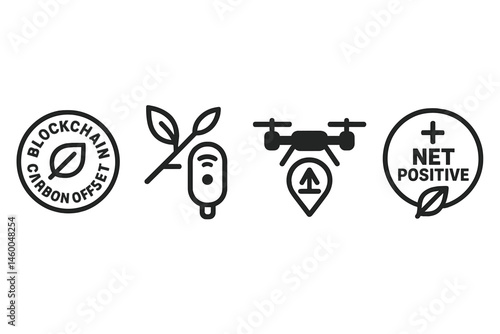 Offset-tech icons linking stamp, twig sensor, map pin, and badge