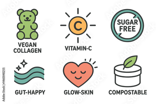 Functional-snack icons merging bear, spark, badge, wave, heart, lid