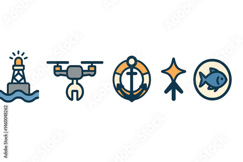 Buoy-tech icons showing lamp, wrench, ring, star, badge