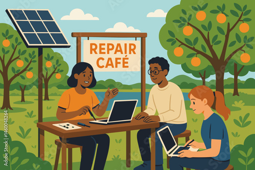 Flat circular-tech scene with PV canopy, fruit trees, and solder tables