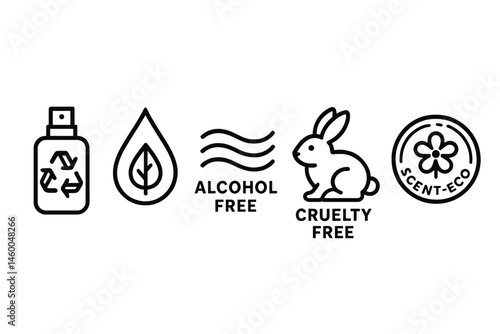 Perfume-eco icons linking vial, droplet, wave, bunny, badge
