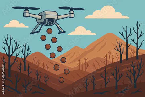 Flat reforestation scene with drone scatter, clay balls, and charred soil