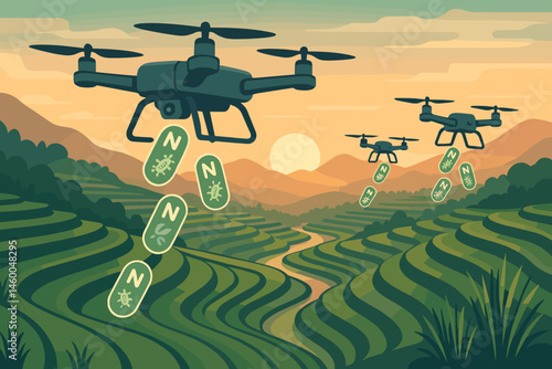 Flat ag-tech scene with drones, capsule mist, and emerald terraces