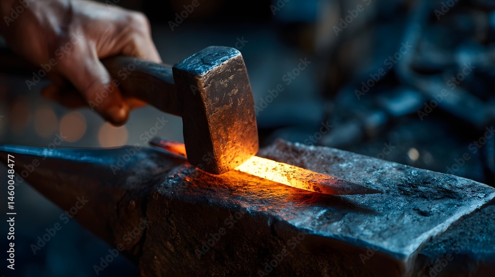 A blacksmith forging a red hot metal bar on an anvil with a hammer in a workshop setting close up A blacksmith forging a red hot metal bar on an anvil with a hammer in a workshop setting close up