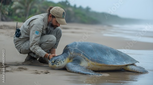 Man in uniform examining a large sea turtle on a sandy beach near the ocean shoreline