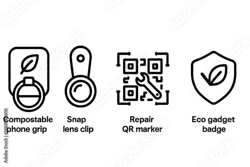 Gadget-eco icons linking ring, clip, QR, coin, badge