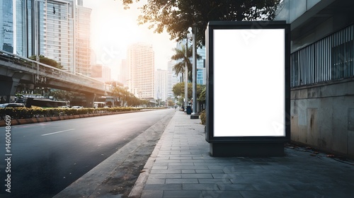 Wallpaper Mural Blank billboard on a city sidewalk with buildings and a highway overpass in the background at sunrise Torontodigital.ca