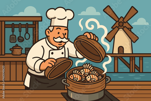 Flat reef-aid cuisine scene with bamboo steamers, turbine mast, and ocean horizon