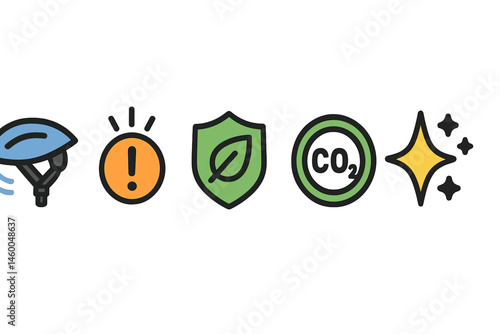 Cycling safety icons linking beam, clang, shield, ring, star