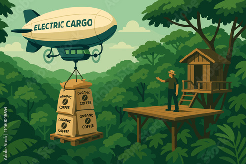 Flat aero-logistics scene with cargo blimp, netted sacks, and lush treetops