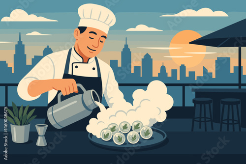 Flat mixology-tech scene with LN₂ mist, herb spheres, and skyline view