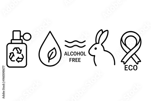 Perfume-eco icons linking bottle, droplet, wave, bunny, ribbon