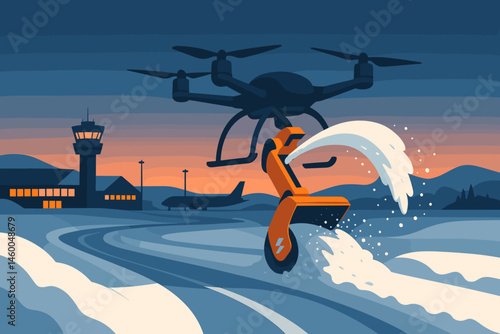 Flat winter-service scene with drone plow, runway lights, and early sky
