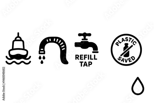 Blue-water icons linking hub, hose, tap, badge, droplet
