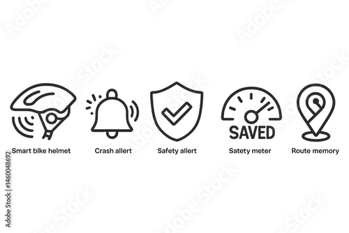 Bike-safety icons linking pulse, bell, shield, meter, pin