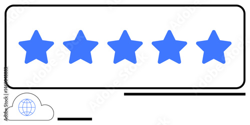 Five blue stars in a horizontal box symbolizing top ratings and quality. White background with minimal lines emphasizes global connectivity. Ideal for reviews, feedback, testimonials, appraisal