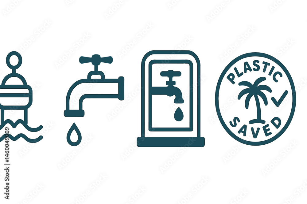 Blue-water icons merging hub, valve, tap, badge Blue-water icons merging hub, valve, tap, badge